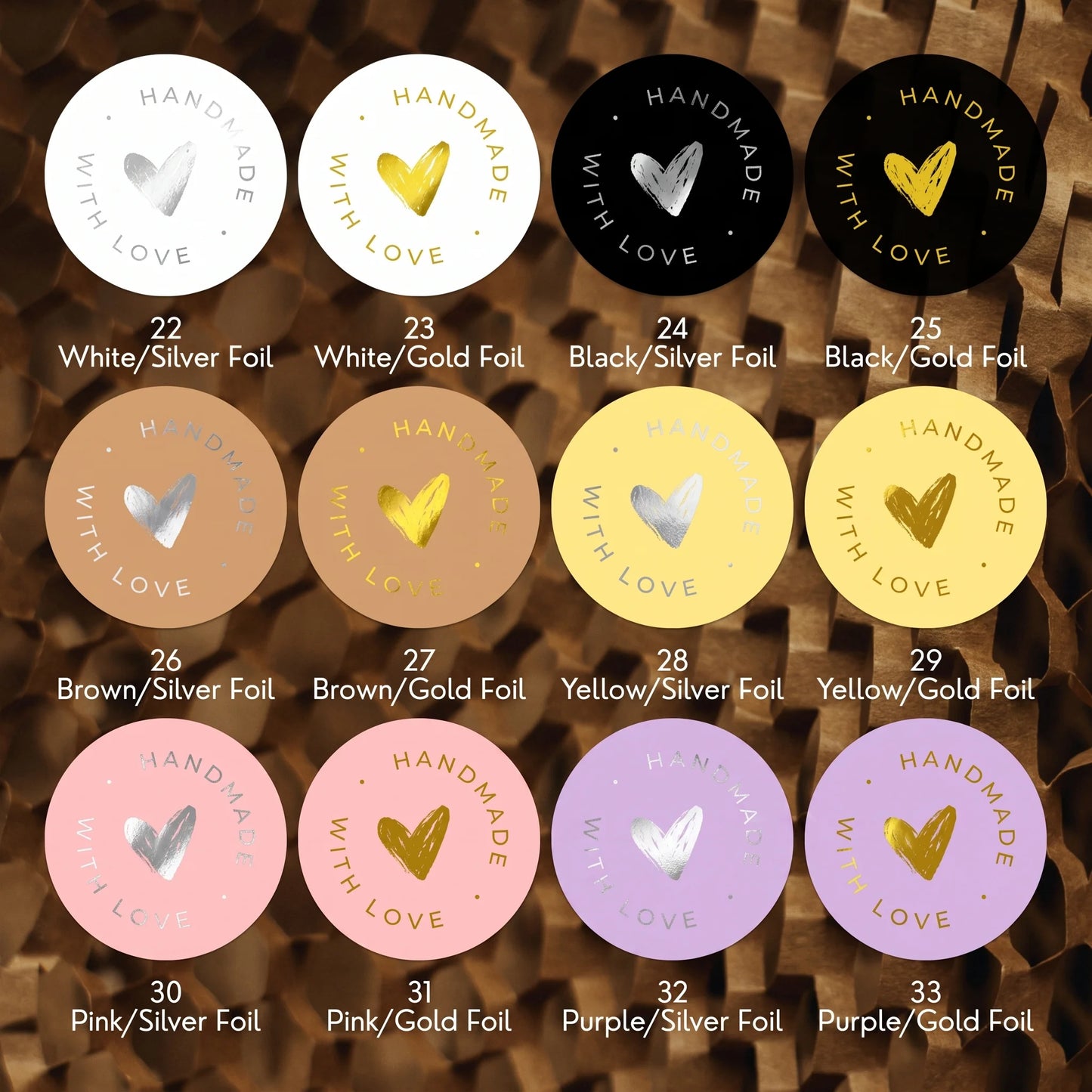Varikit 2-inch round Scribbled Heart sticker color chart, pink, purple and yellow paper options.