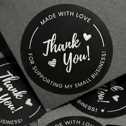 Black and gold sticker with 'Made with Love, Thank You! For Supporting My Small Business!' text on a black background.