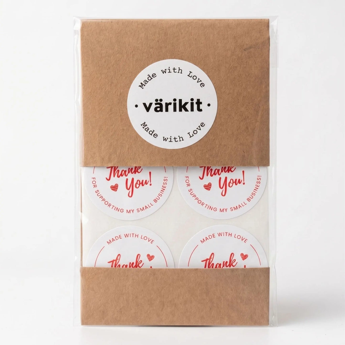 White and red cursive script thank you sticker