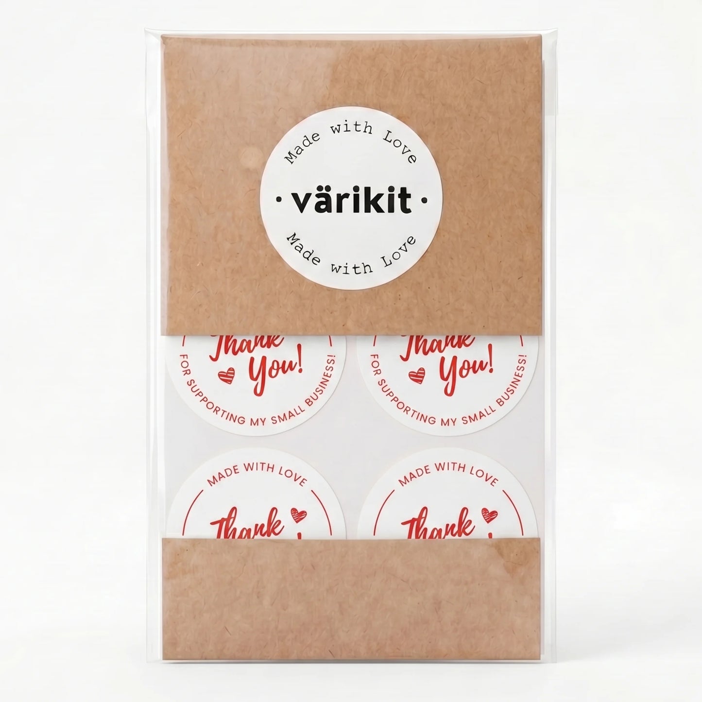 Varikit cursive script 'Thank You' sticker in white and red, 2-inch round, small business packaging essential