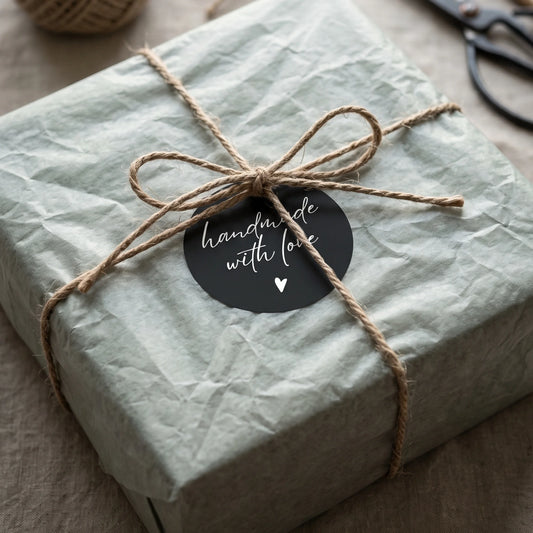 Close-up of a Handwritten-style typography stacked with a single small solid heart Varikit sticker reading 'handmade with love' placed on a kraft box.