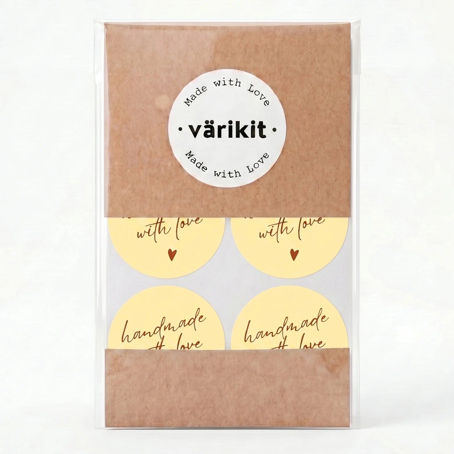 Varikit 2-inch round handwritten type 'Handmade With Love' sticker in yellow and coffee, small business must have