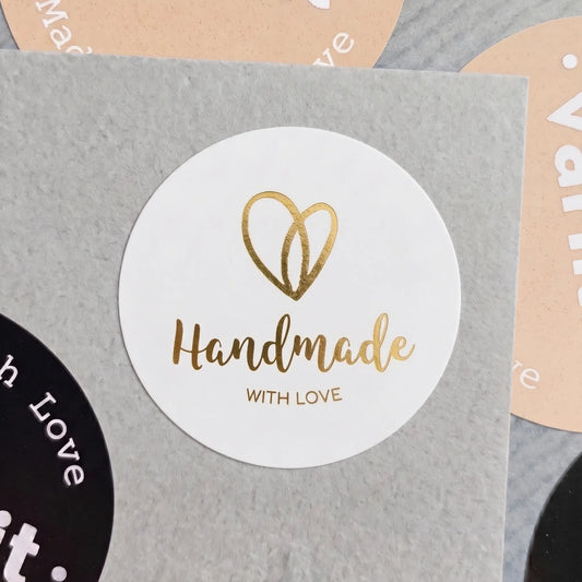 A handwritten Handmade with Love seal designed for handmade product boxes.