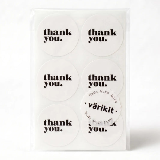 Thank you sticker with minimalist bold type clean design in white and black