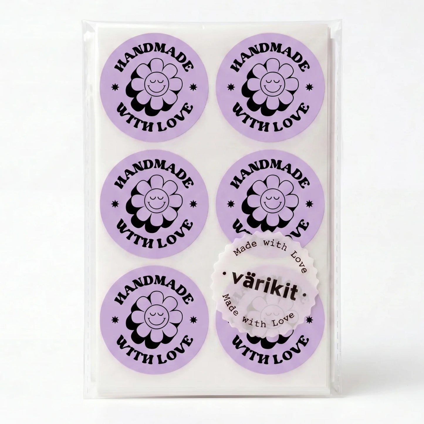 Varikit 2-inch round 'Handmade With Love' sticker in purple and black, retro groovy daisy, small business essential