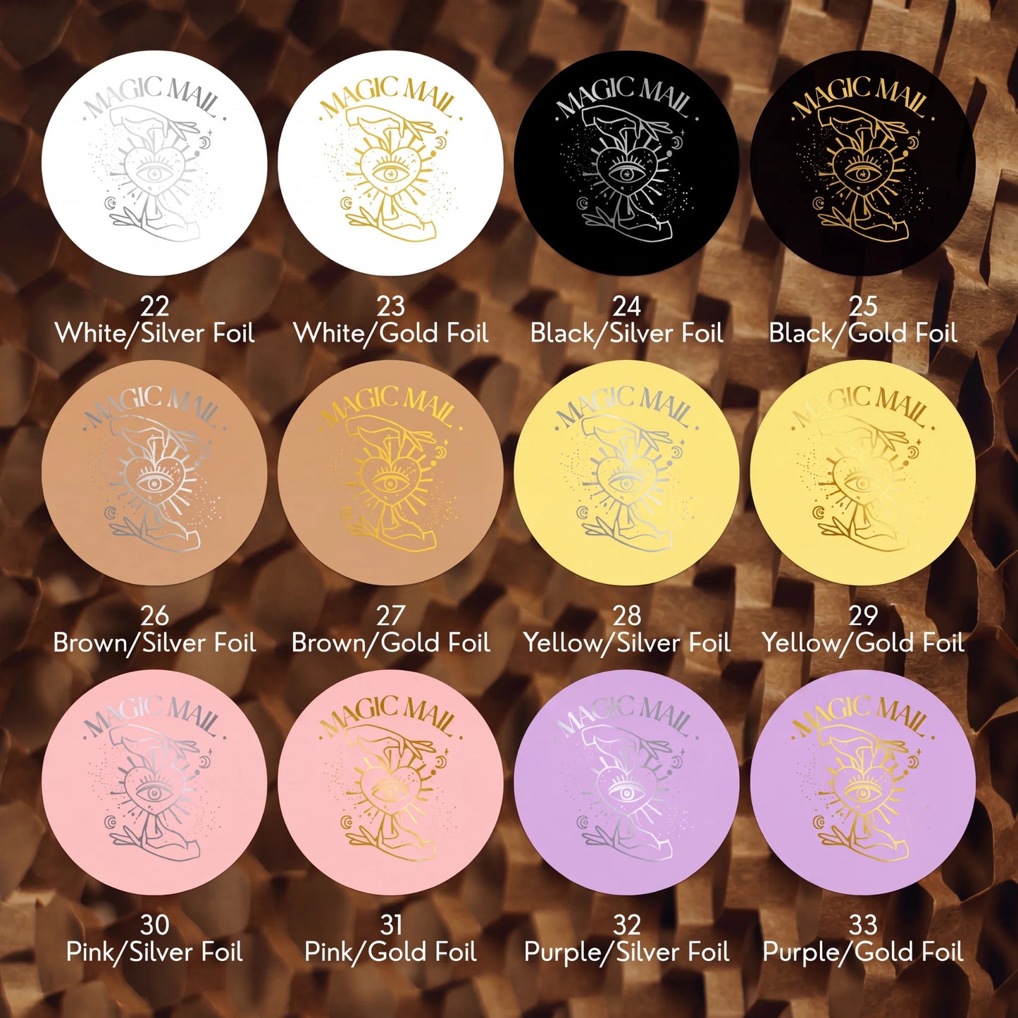 Varikit 2-inch round 'Magic Mail' sticker in metallic foil color palette, all-seeing eye heart, small business essential