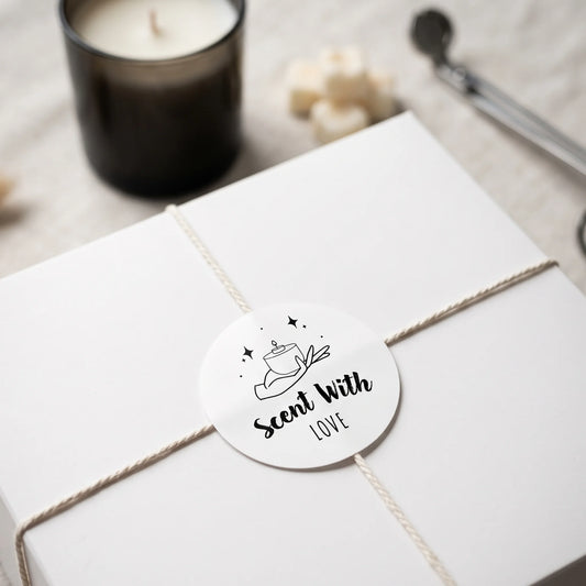 Hand holding a pink bubble mailer sealed with a Scent With Love Celestial Style Varikit sticker reading 'Scent with Love'.