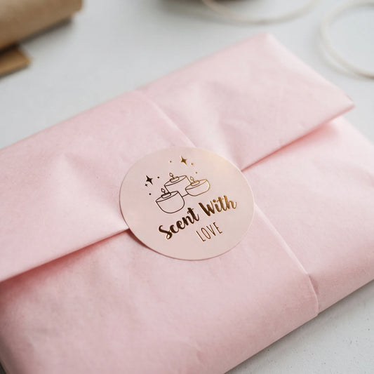 Sheet of Scent with Love Cozy Tealight Candles Varikit stickers reading 'Scent with Love'.
