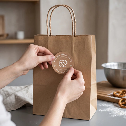 Seal small bakery food packaging with a clean Baked With Love sticker.