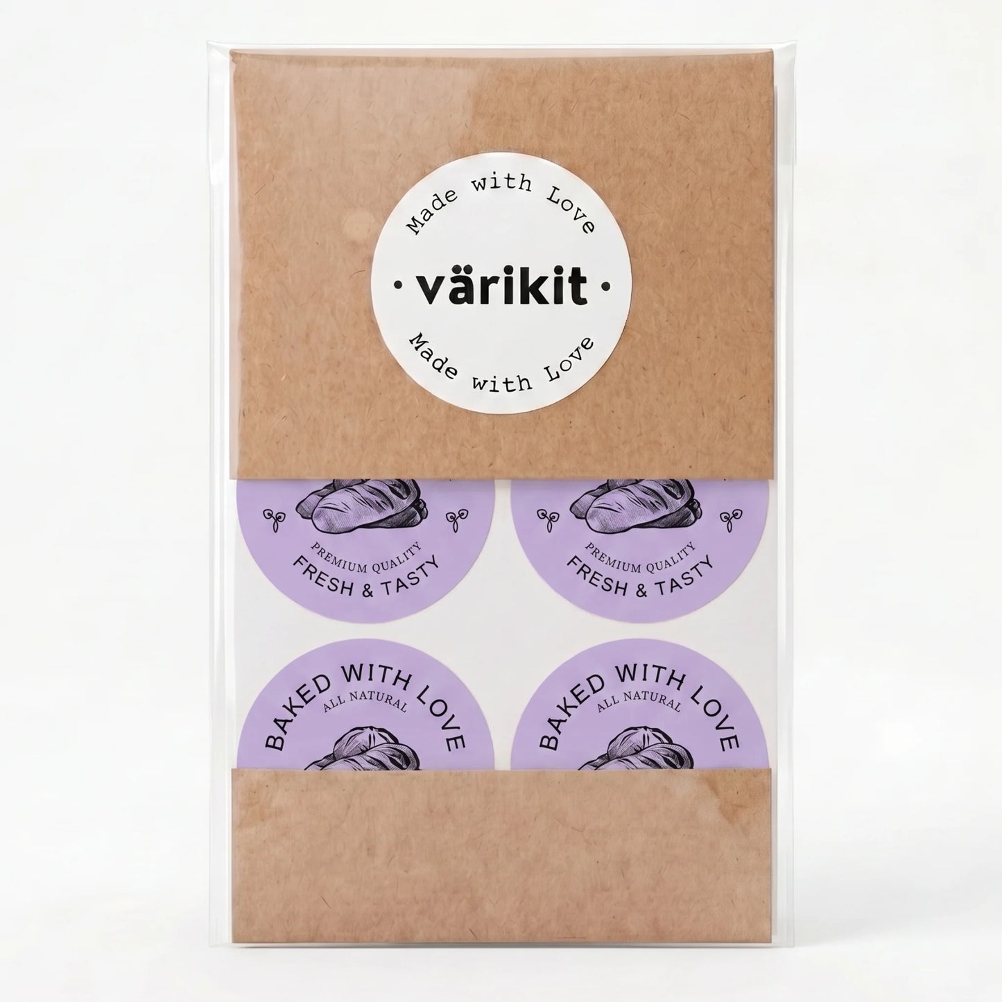 Varikit 2-inch round 'Baked with Love' sticker in purple and black, artisan bread etching, small business essential