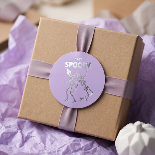 Playful Stay Spooky Stickers for Small Business, Dancing Skeletons, 2 Inch Round, 60 Labels | Varikit
