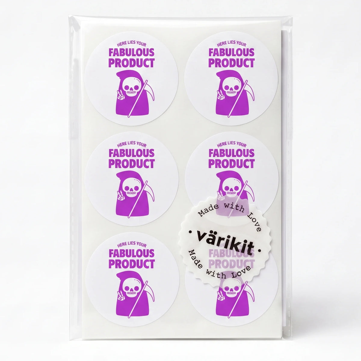 purple ink on white paper, 2-inch round envelope seals, hand-drawn ironic design.