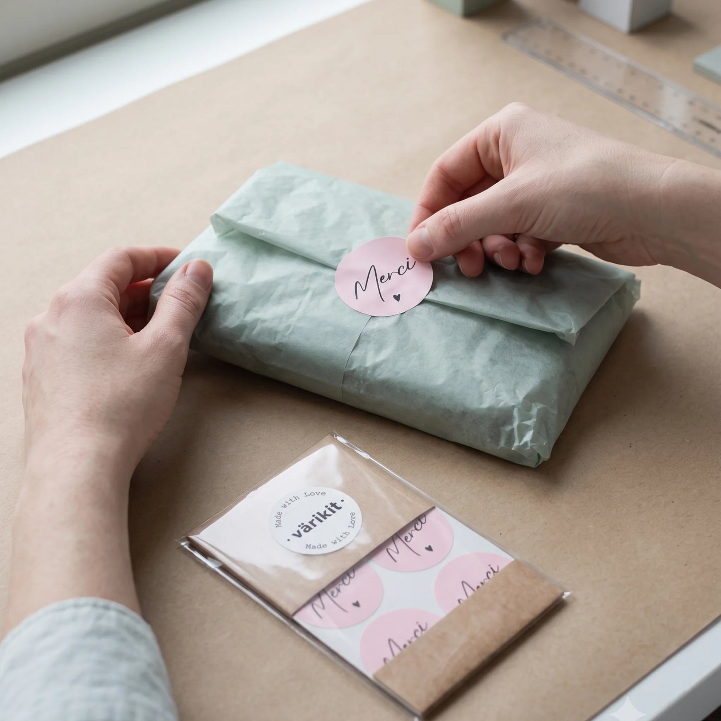 Seal artisan handmade product boxes with a handwritten French Merci paper seal.