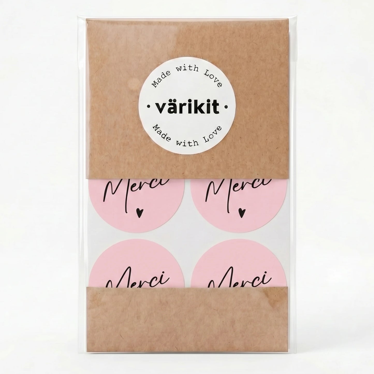 Varikit 2-inch round handwritten type 'Merci' sticker in pink and black, small business must have