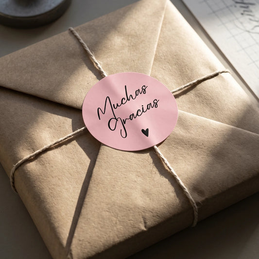Close-up of sheet of Handwritten-style typography stacked with a single small solid heart Varikit stickers reading 'Muchas Gracias' on brown kraft paper.