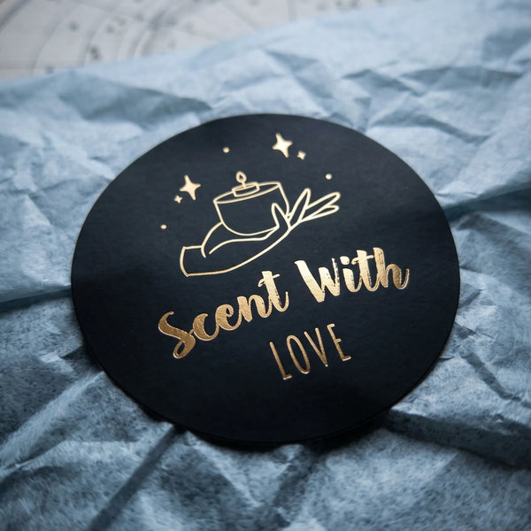 Black envelope sealed with a Scent With Love Celestial Style Varikit sticker reading 'Scent with Love'.