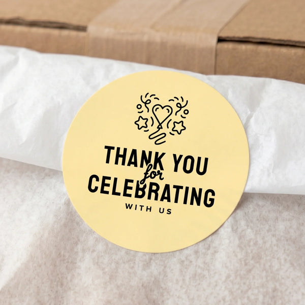Playful Thank You Heart Balloon Confetti Varikit sticker reading 'THANK YOU for CELEBRATING WITH US' on tissue paper.