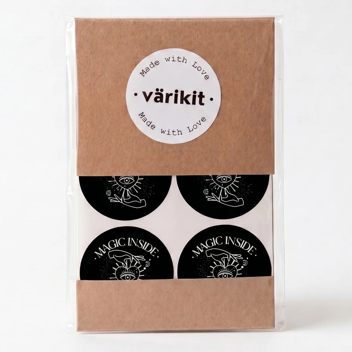 Magic inside sticker with celestial hand and eye design in black and silver white