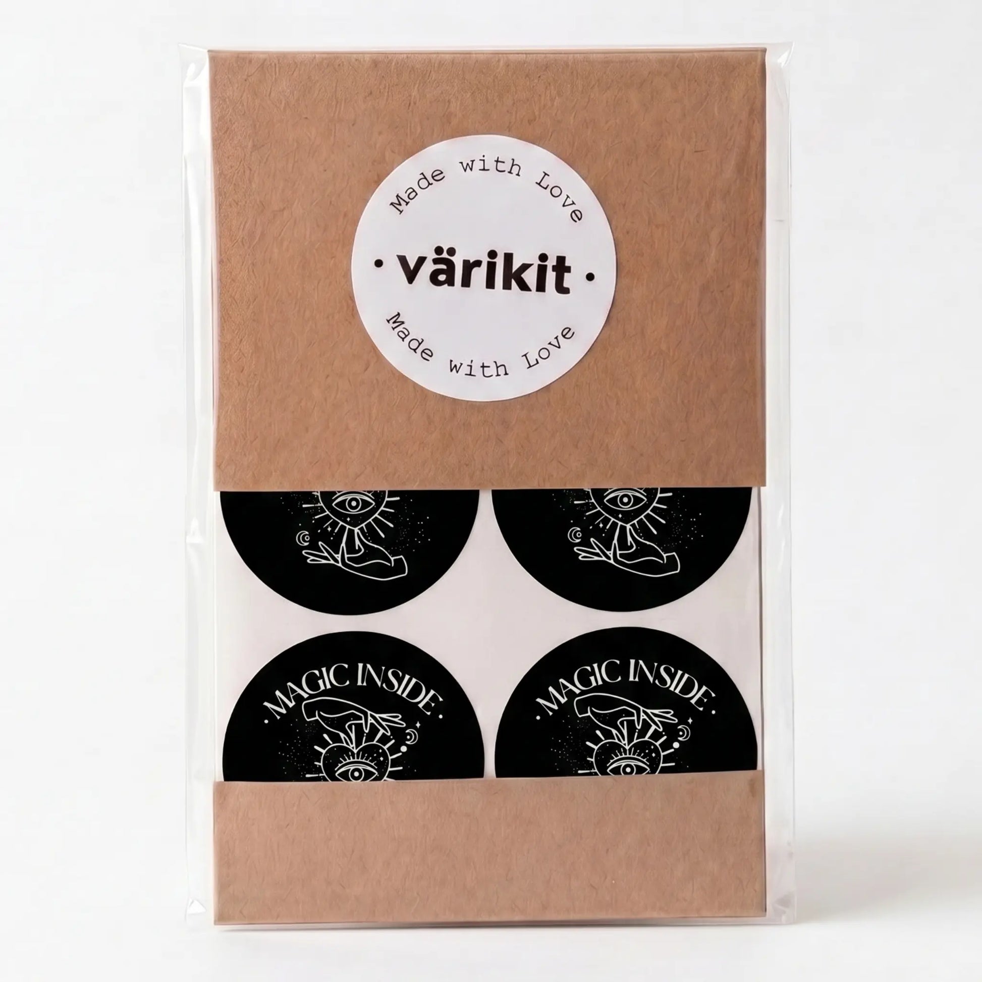 Magic inside sticker with celestial hand and eye design in black and silver white