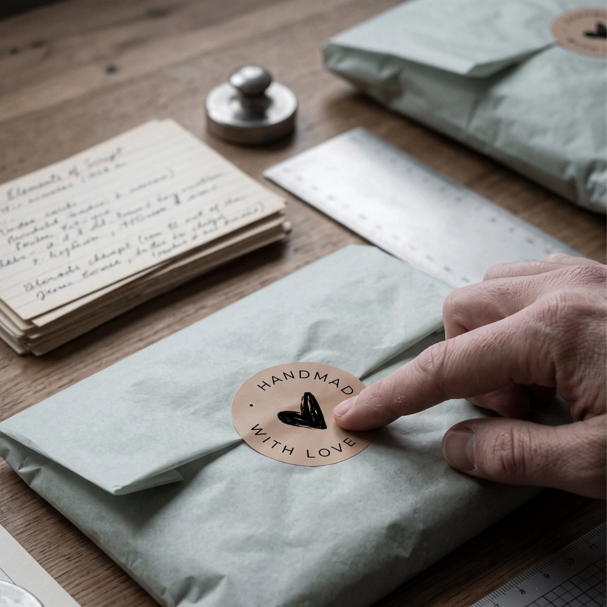 Handmade with Love and a scribbled heart, a signature hand-lettered label.