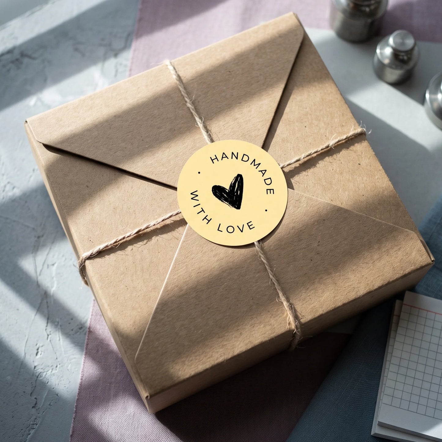 Layer a hand-lettered scribbled heart label over retail product packaging.