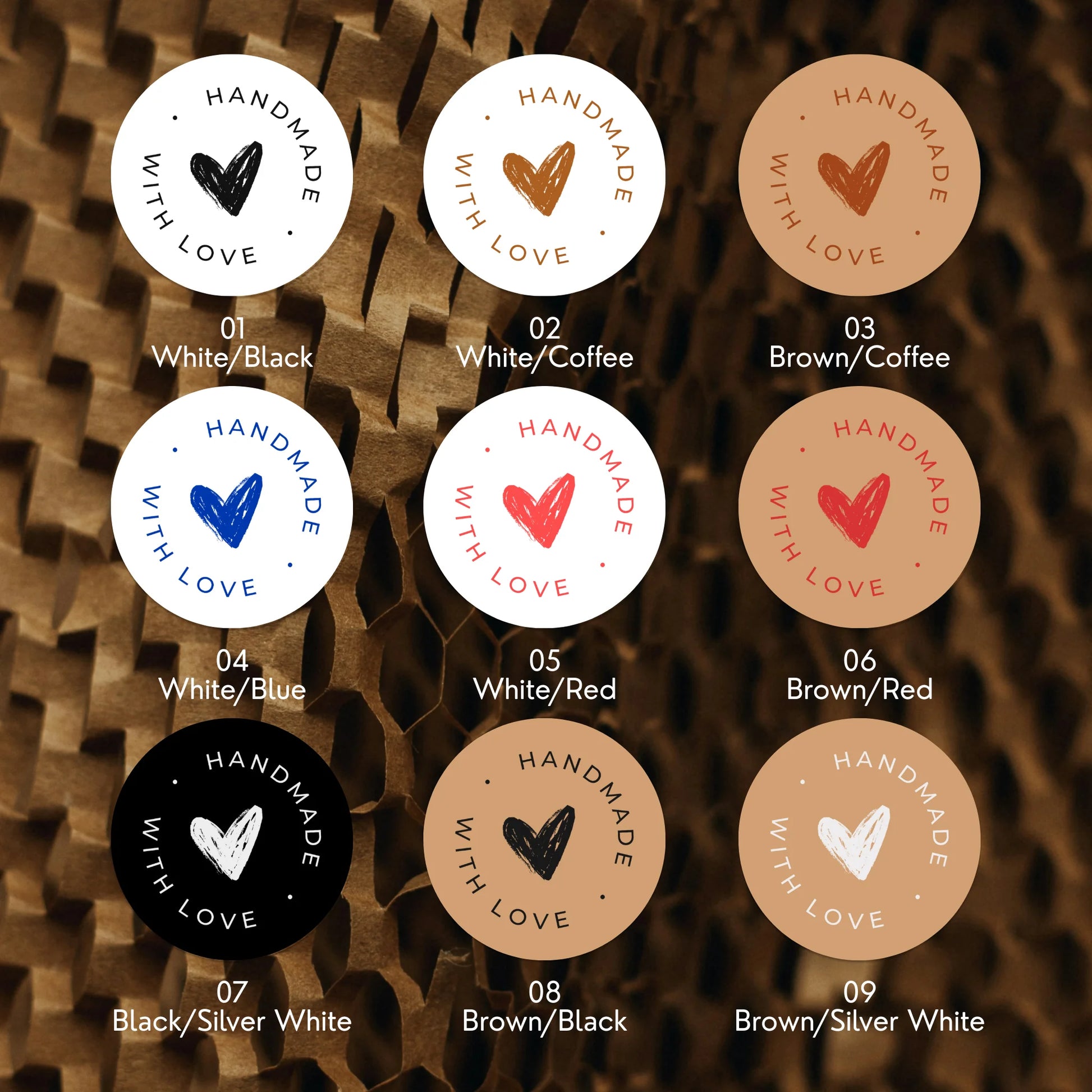 Varikit 2-inch round Scribbled Heart sticker color chart, gold and silver foil options.