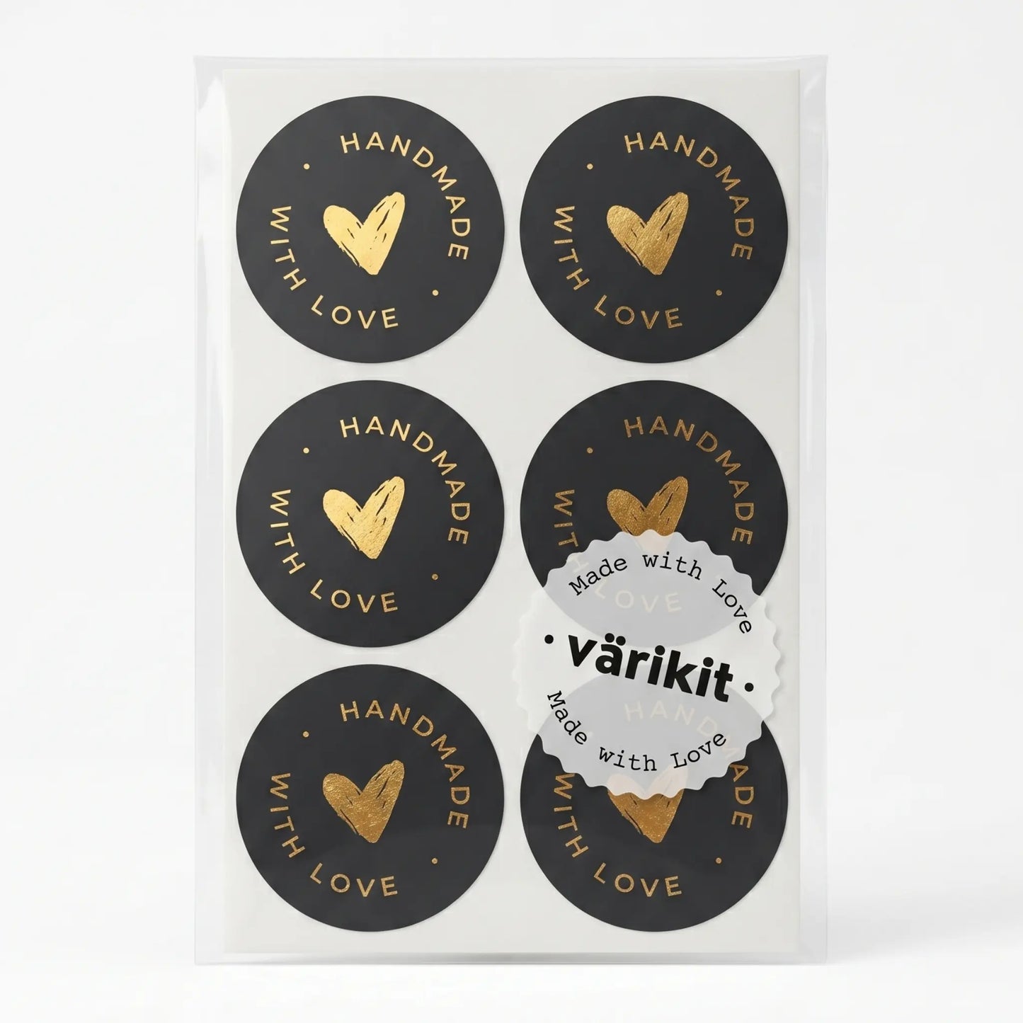 Black and gold foil scribbled heart handmade with love sticker