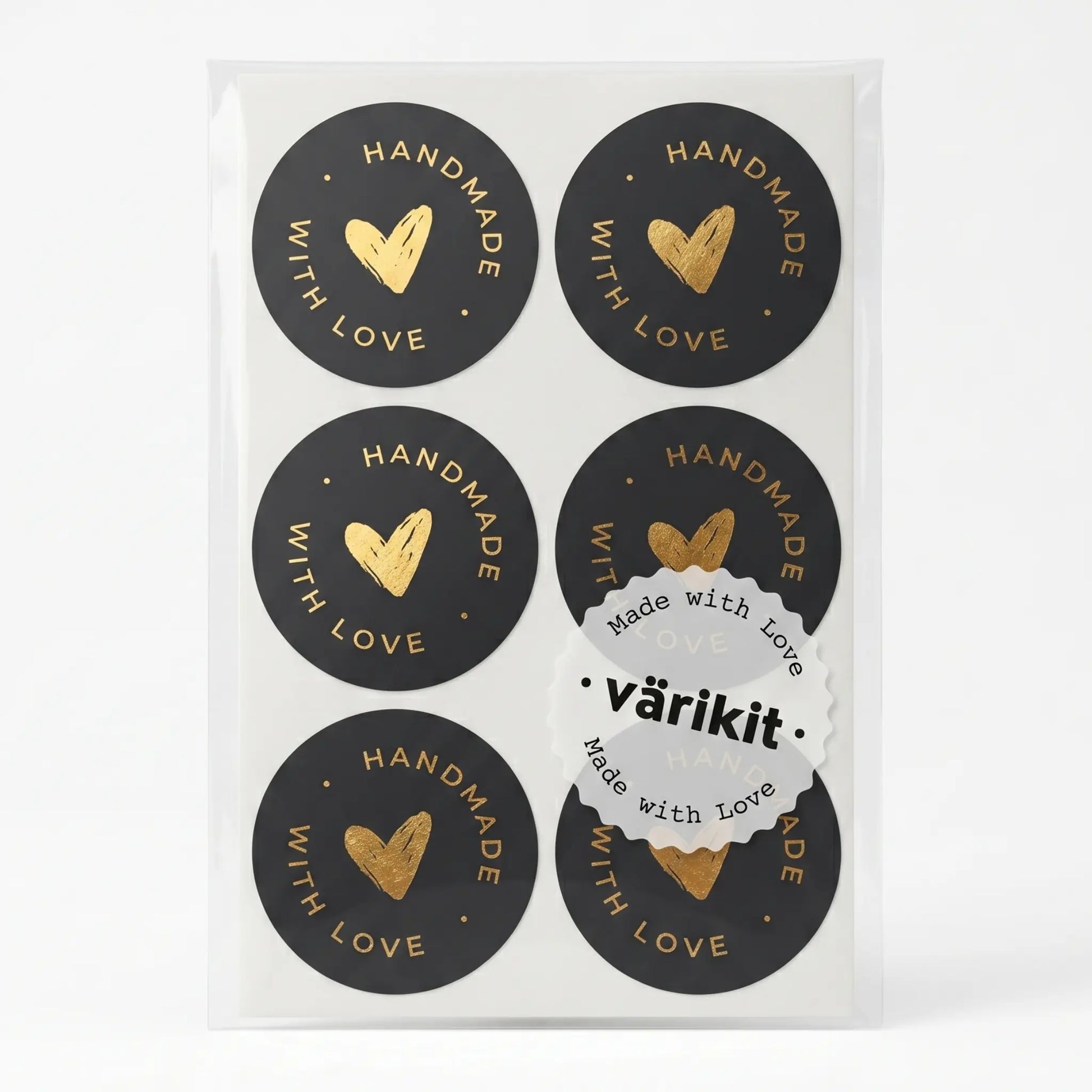 Black and gold foil scribbled heart handmade with love sticker