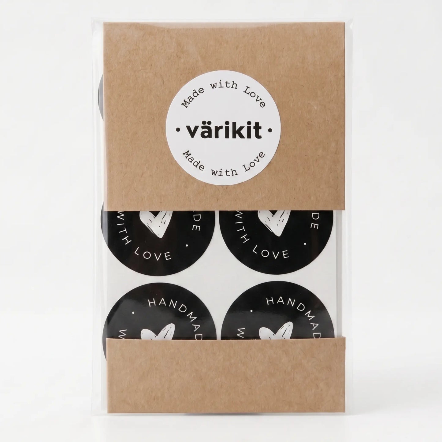 Handmade with love sticker with scribbled heart script design in black and silver white