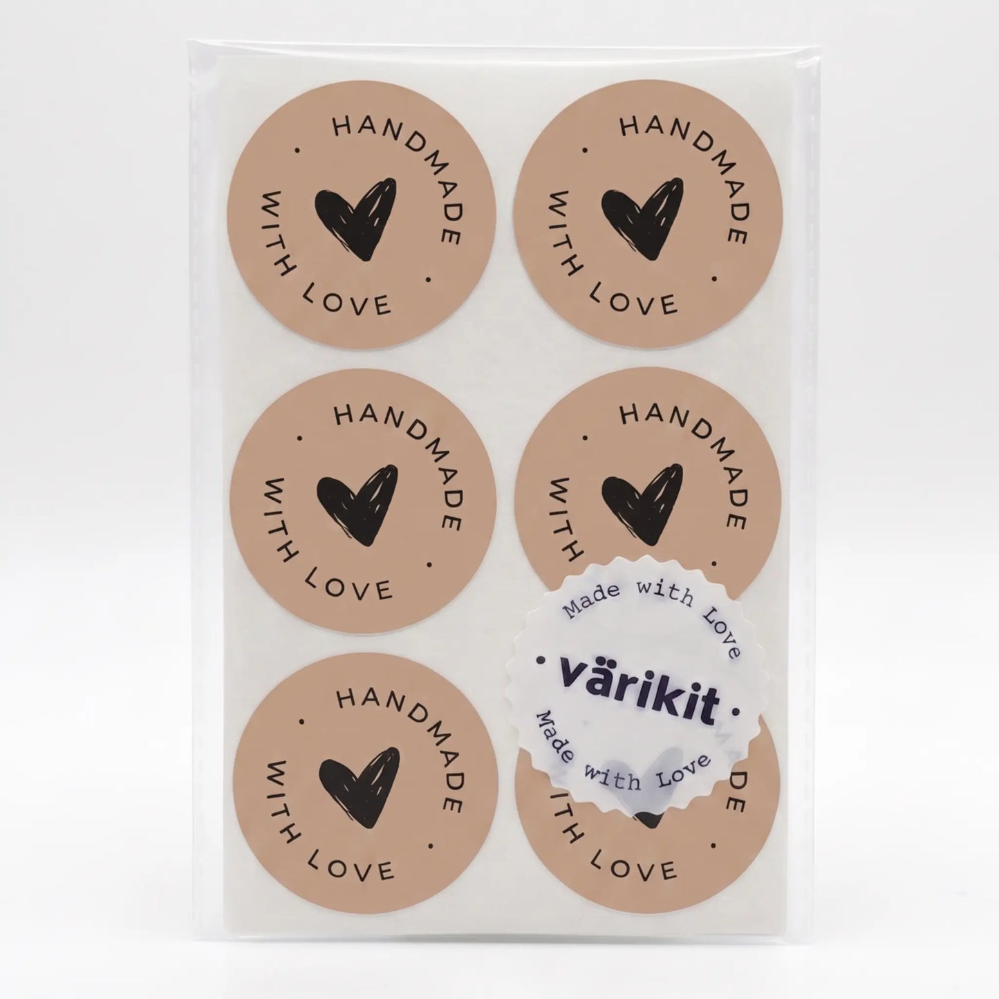 Scribbled heart script handmade with love sticker in brown and black