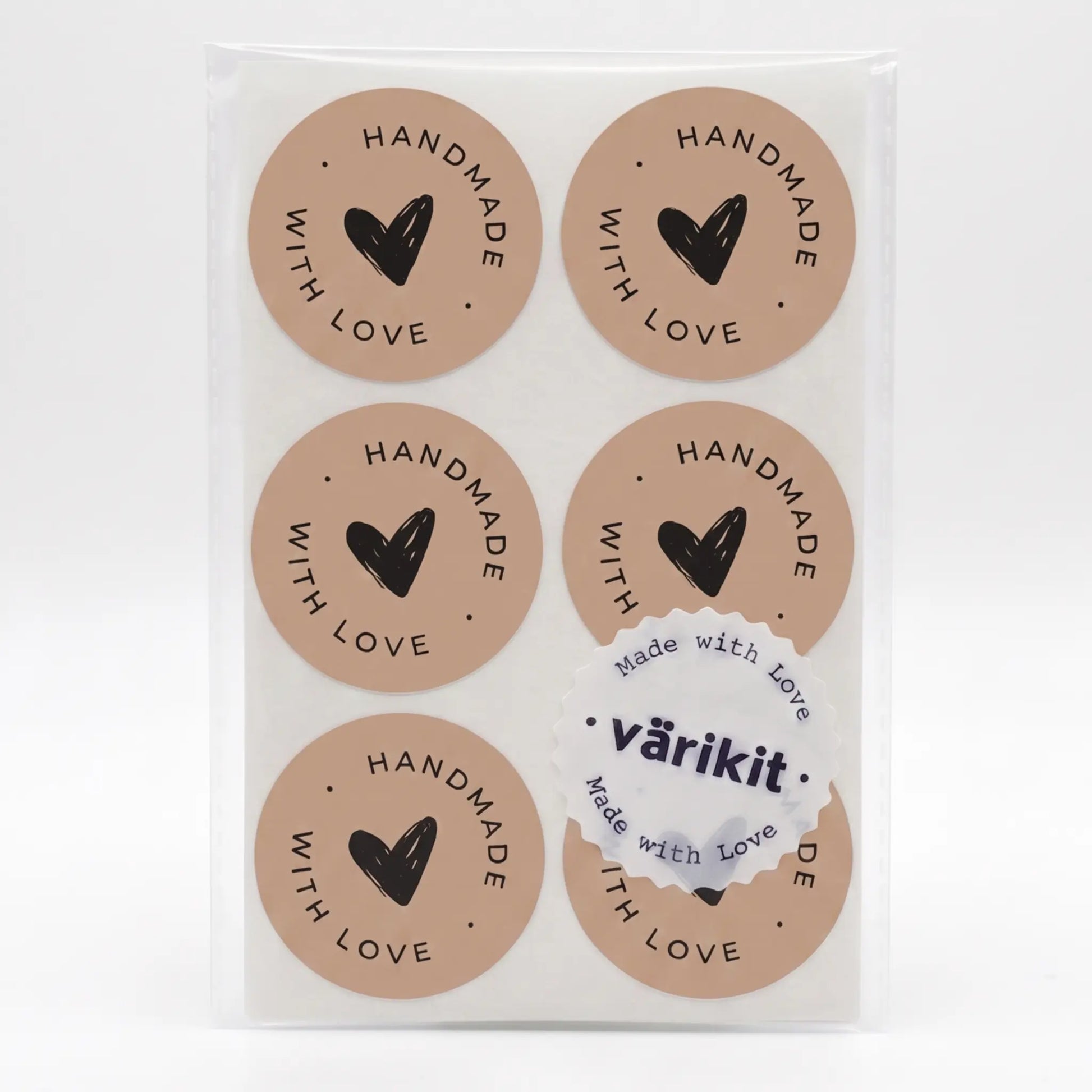 Scribbled heart script handmade with love sticker in brown and black