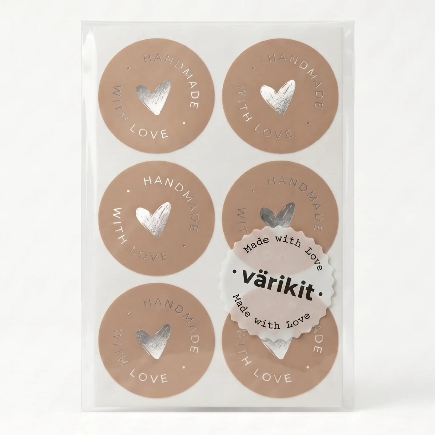 Handmade with love sticker with scribbled heart script design in brown and silver foil