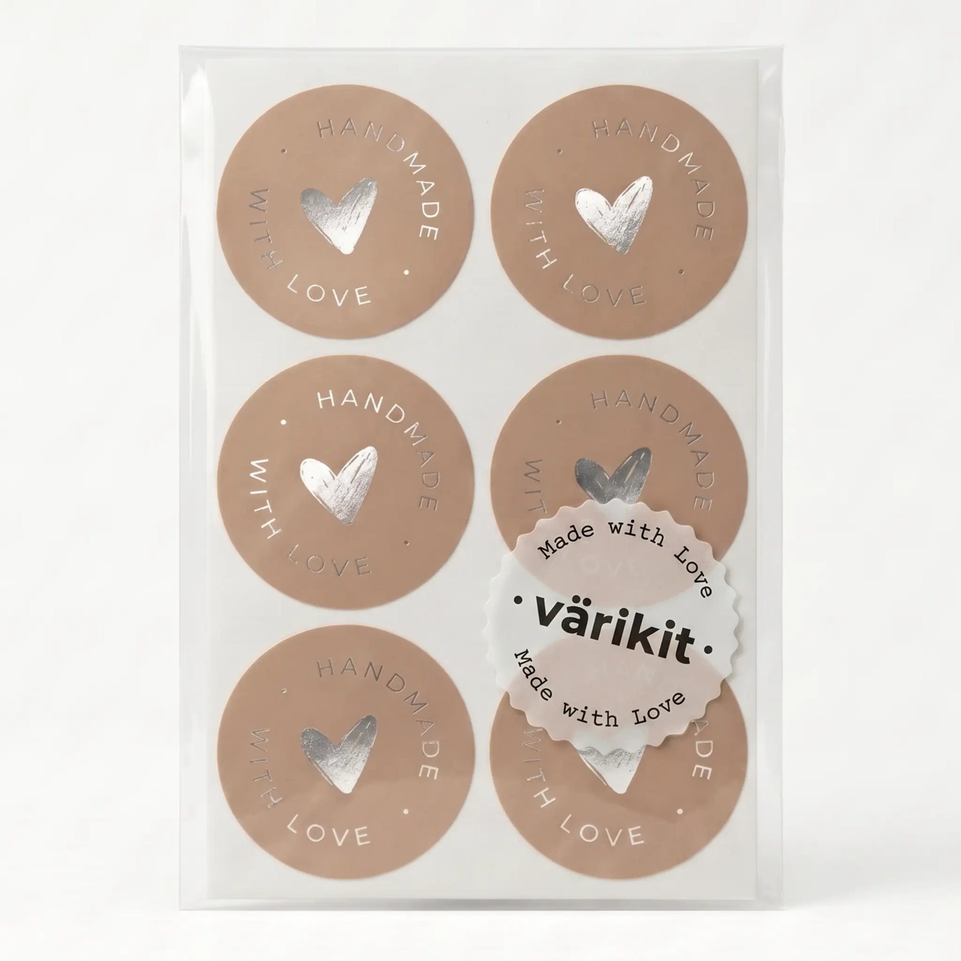 Handmade with love sticker with scribbled heart script design in brown and silver foil