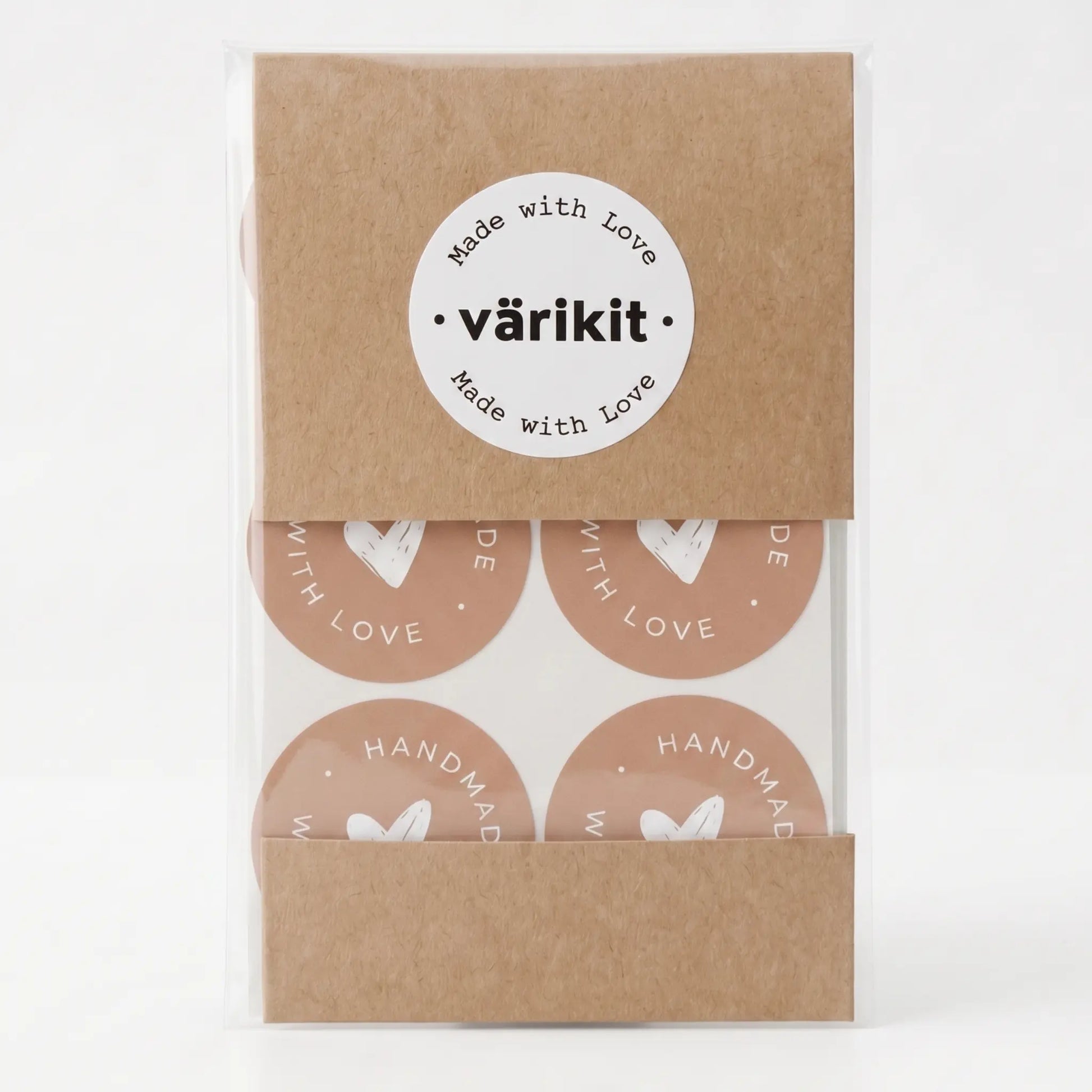 Round handmade with love label with scribbled heart script design