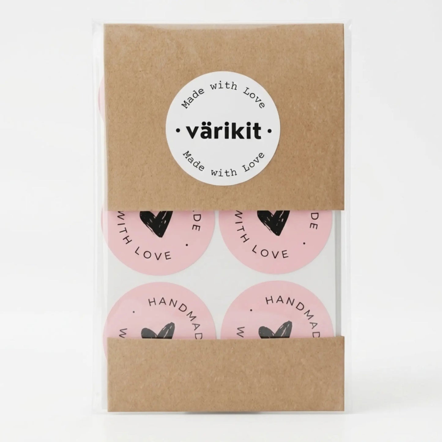 Scribbled heart script handmade with love sticker in pink and black