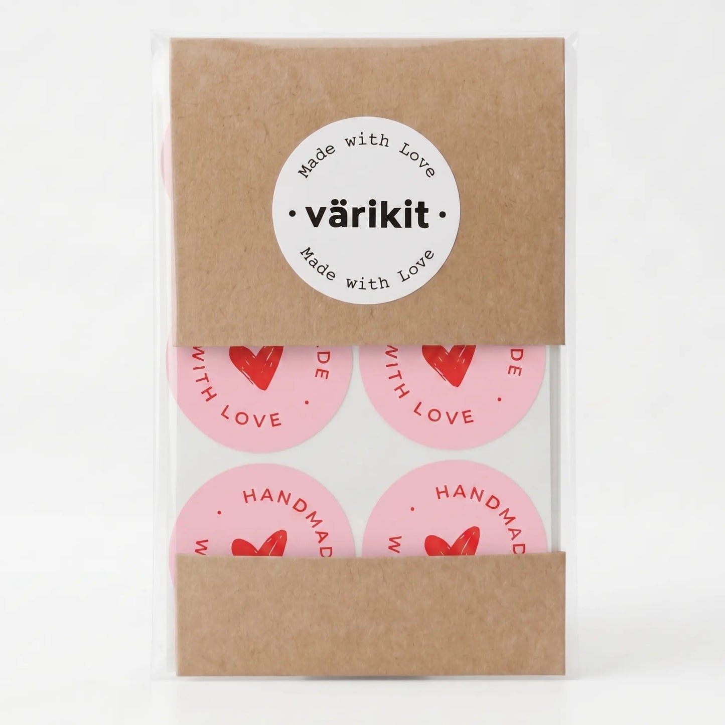 Round handmade with love label with scribbled heart script design