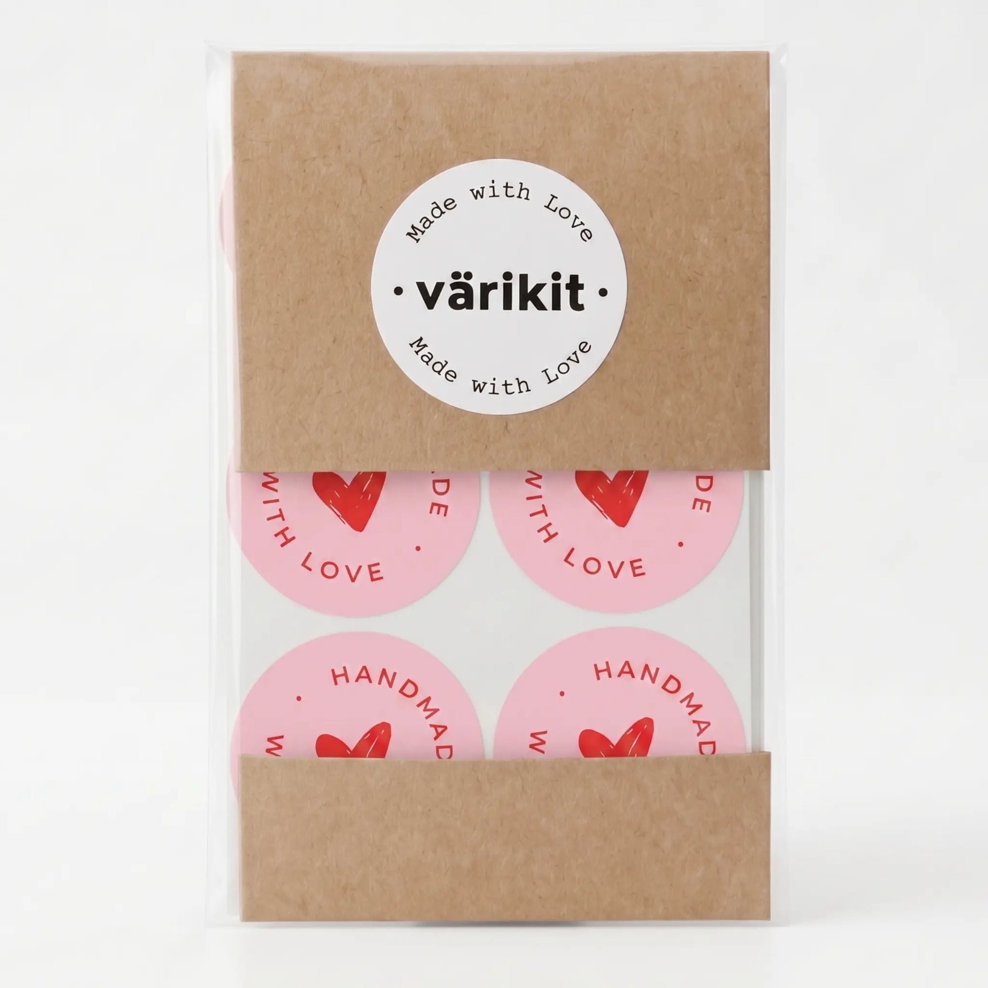 Round handmade with love label with scribbled heart script design