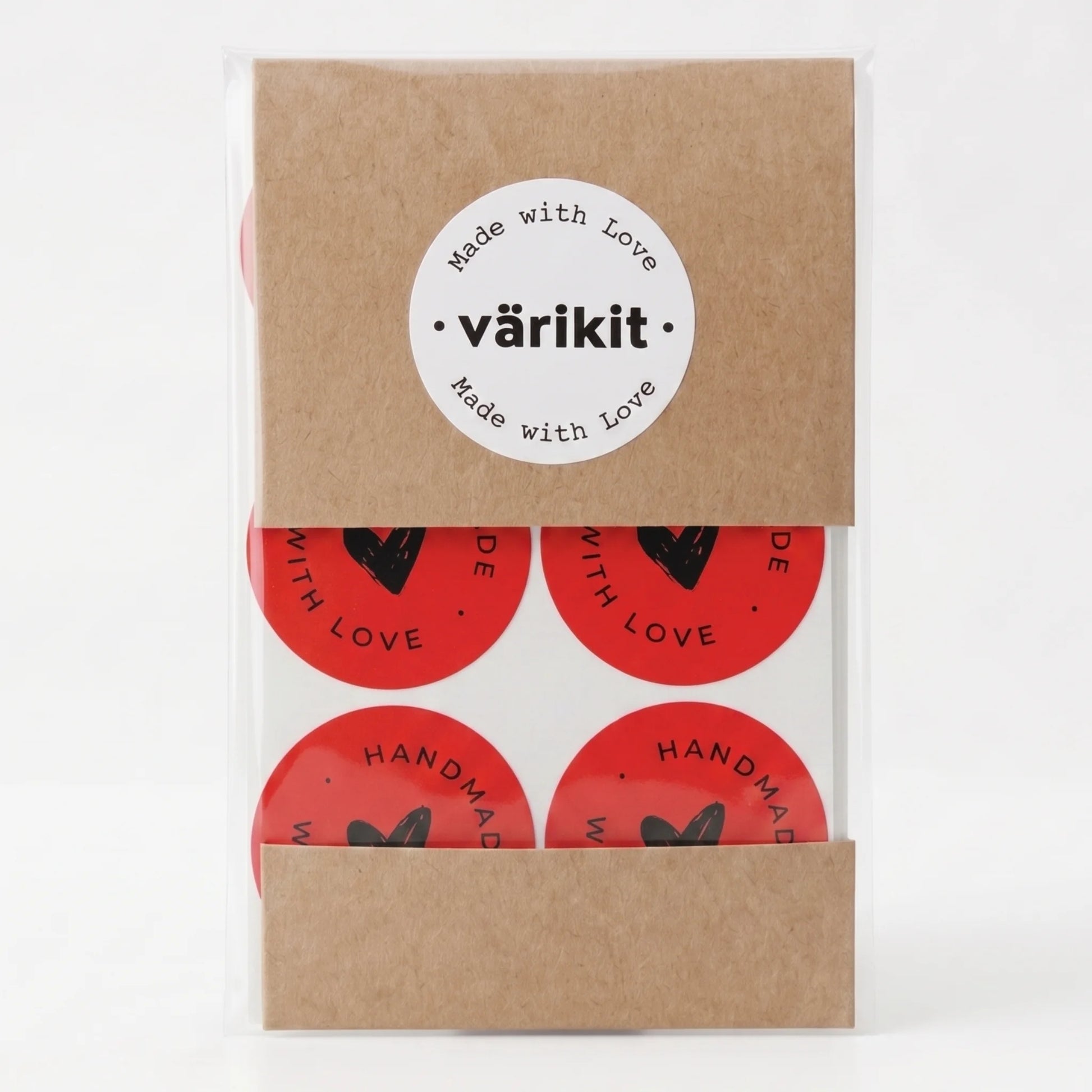 black ink on red paper, 2-inch round handmade with love stickers, handmade with love circular text.