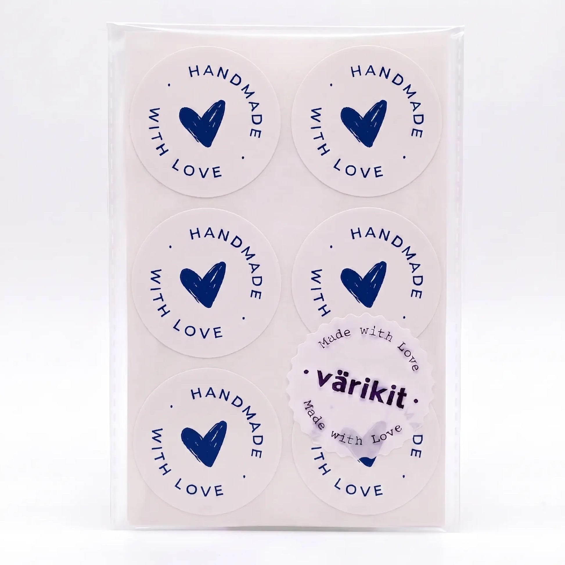 White and blue scribbled heart handmade with love sticker