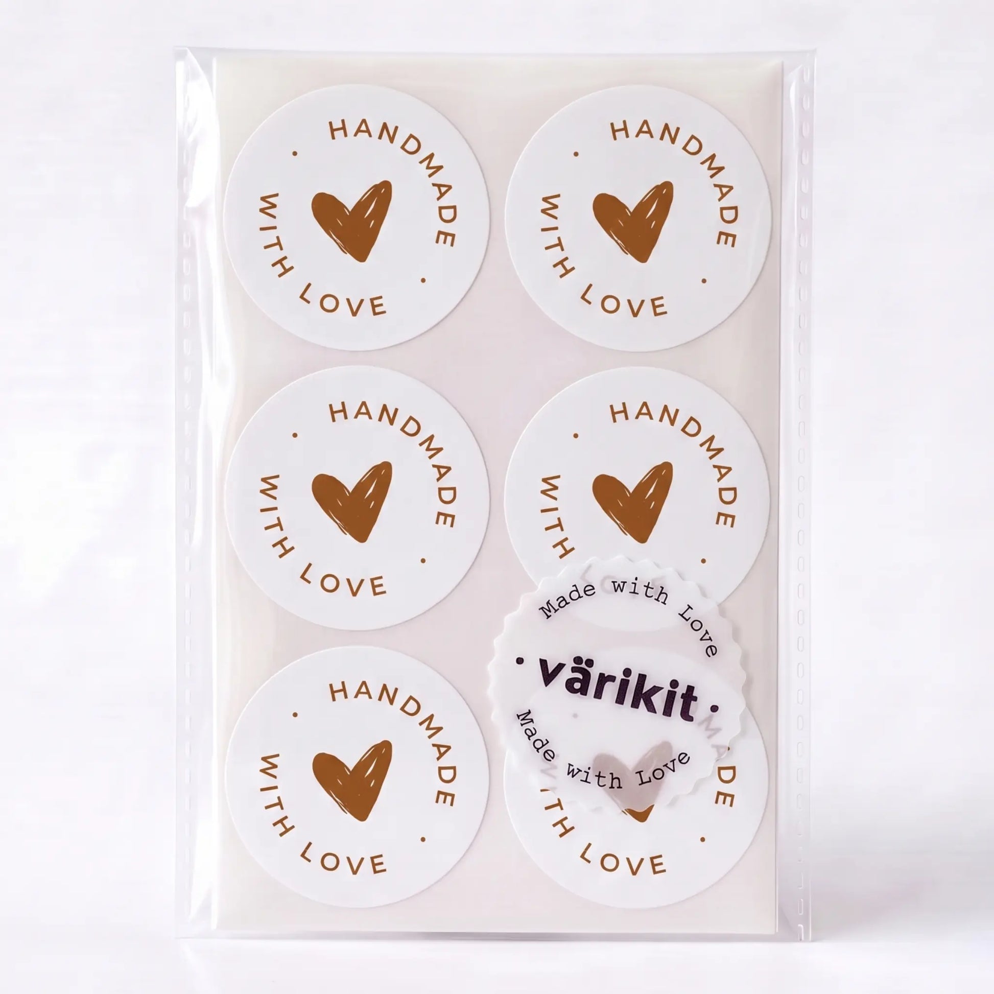 Scribbled heart script handmade with love sticker in white and coffee