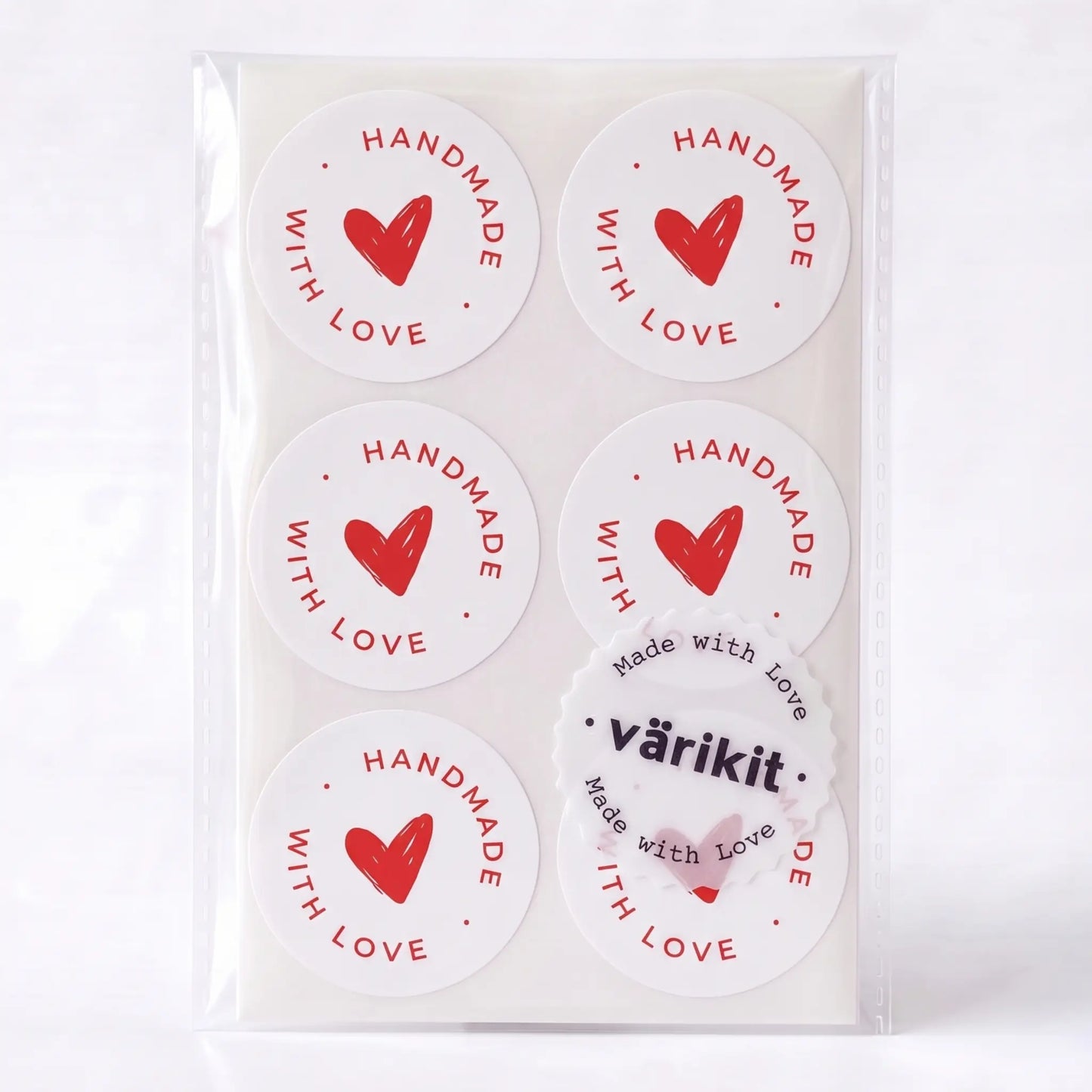 Small business handmade with love sticker featuring scribbled heart script design