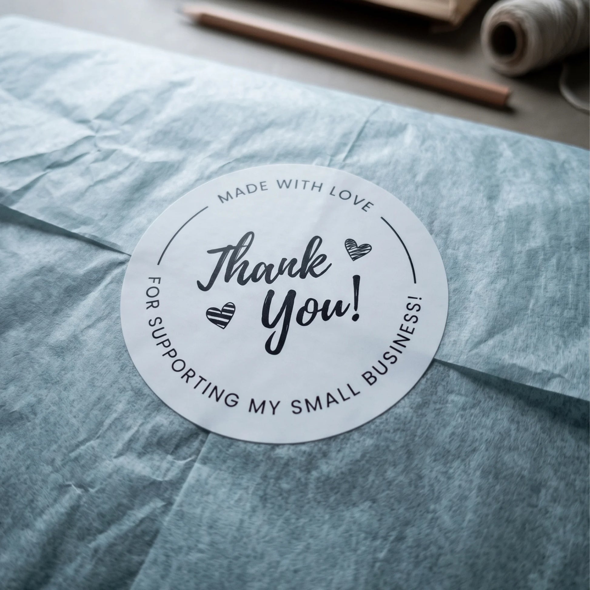Thank You in cursive lettering, a signature sticker for boutique packaging.