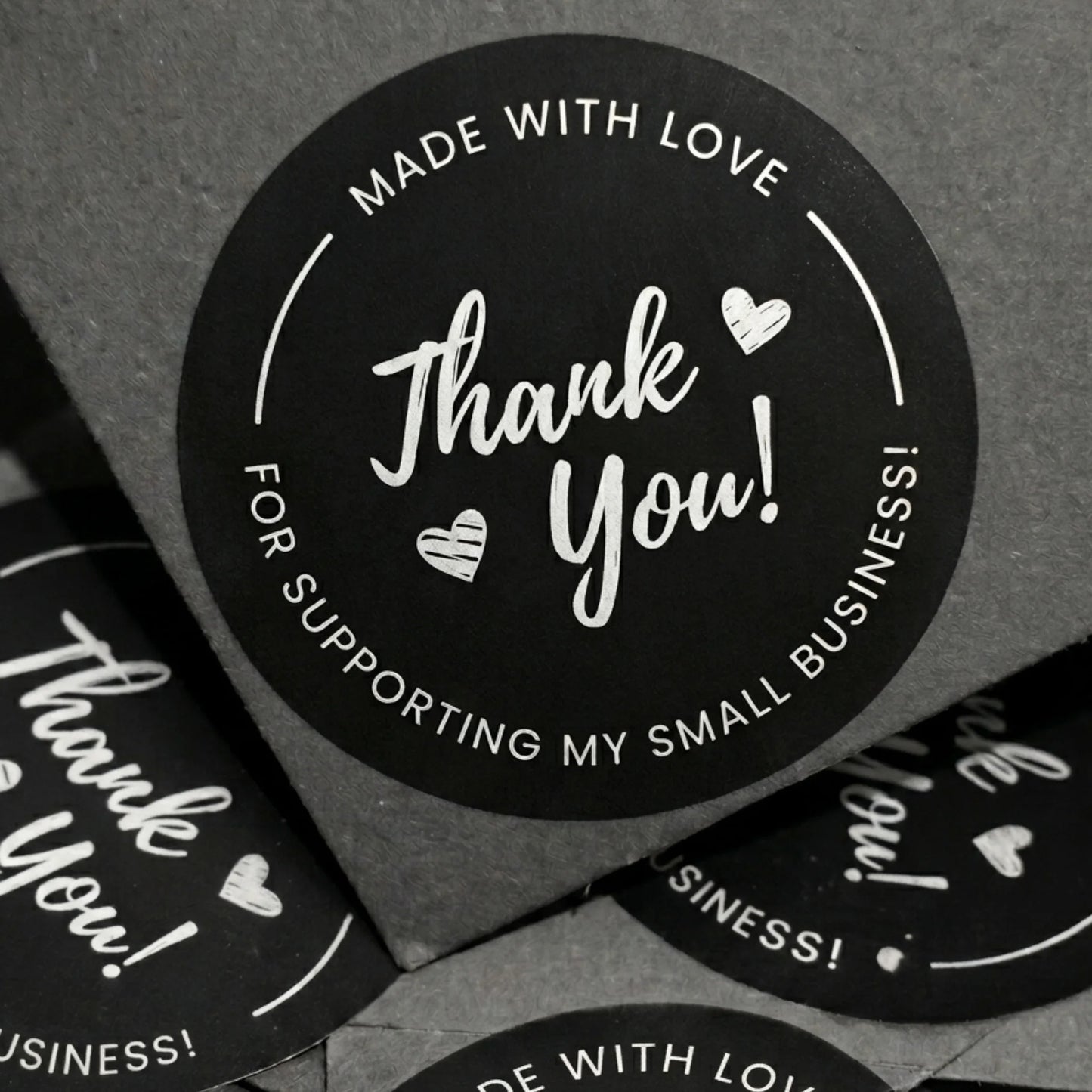 Black and gold sticker with 'Made with Love, Thank You! For Supporting My Small Business!' text on a black background.
