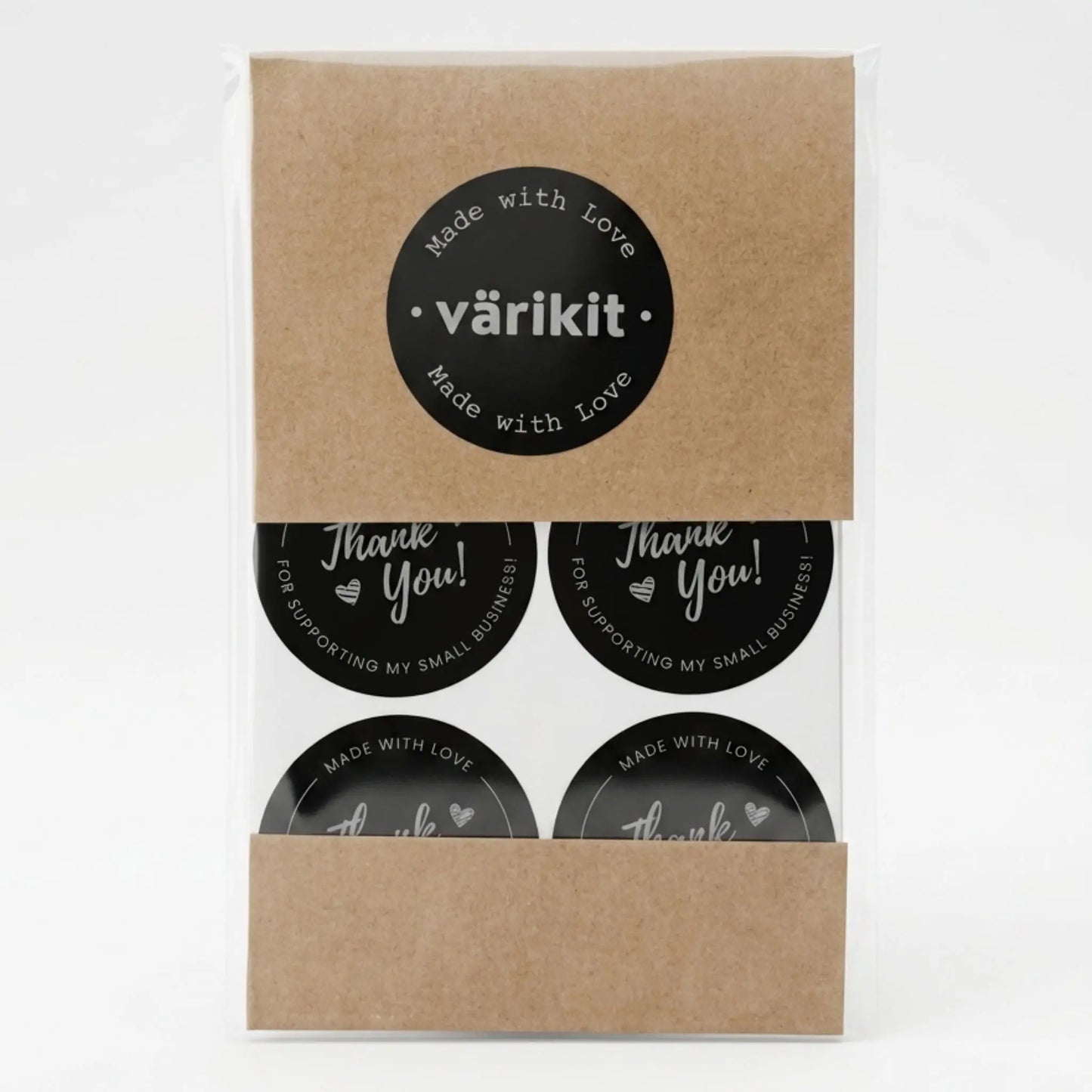 Cursive script thank you sticker in black and silver white