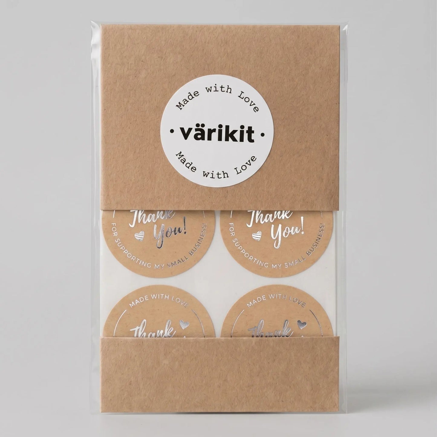 Cursive script thank you sticker in brown and silver foil