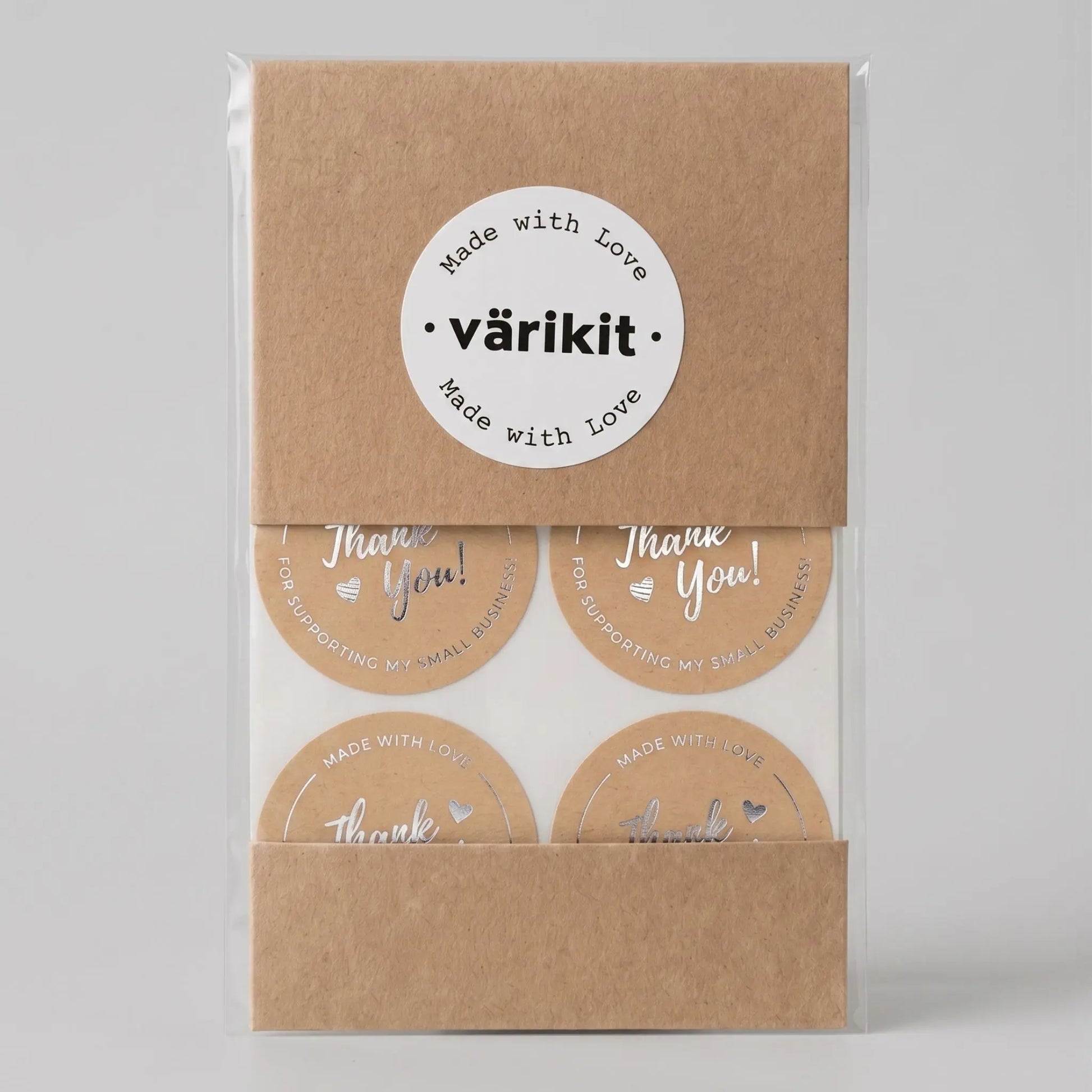 Cursive script thank you sticker in brown and silver foil