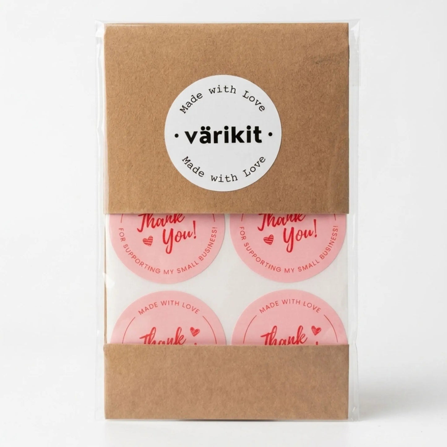 Cursive script thank you sticker in pink and red