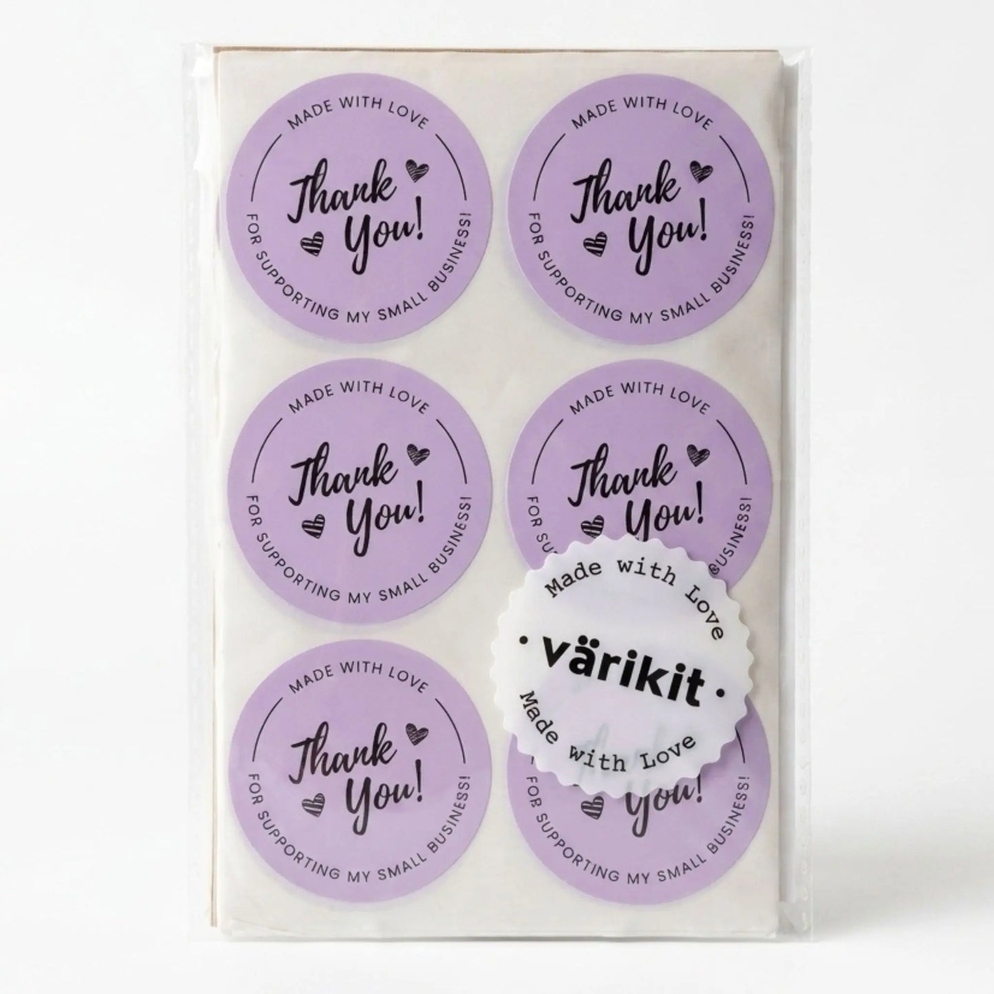 Thank you sticker with cursive script design in purple and black