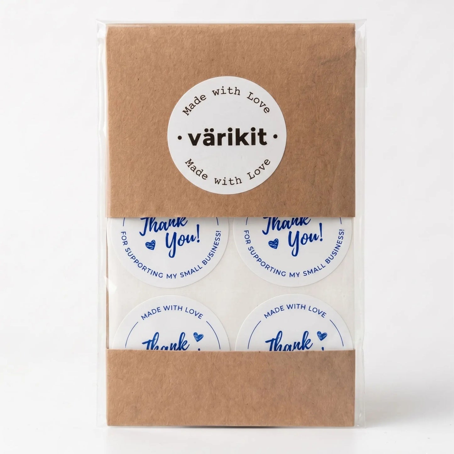 White and blue cursive script thank you sticker