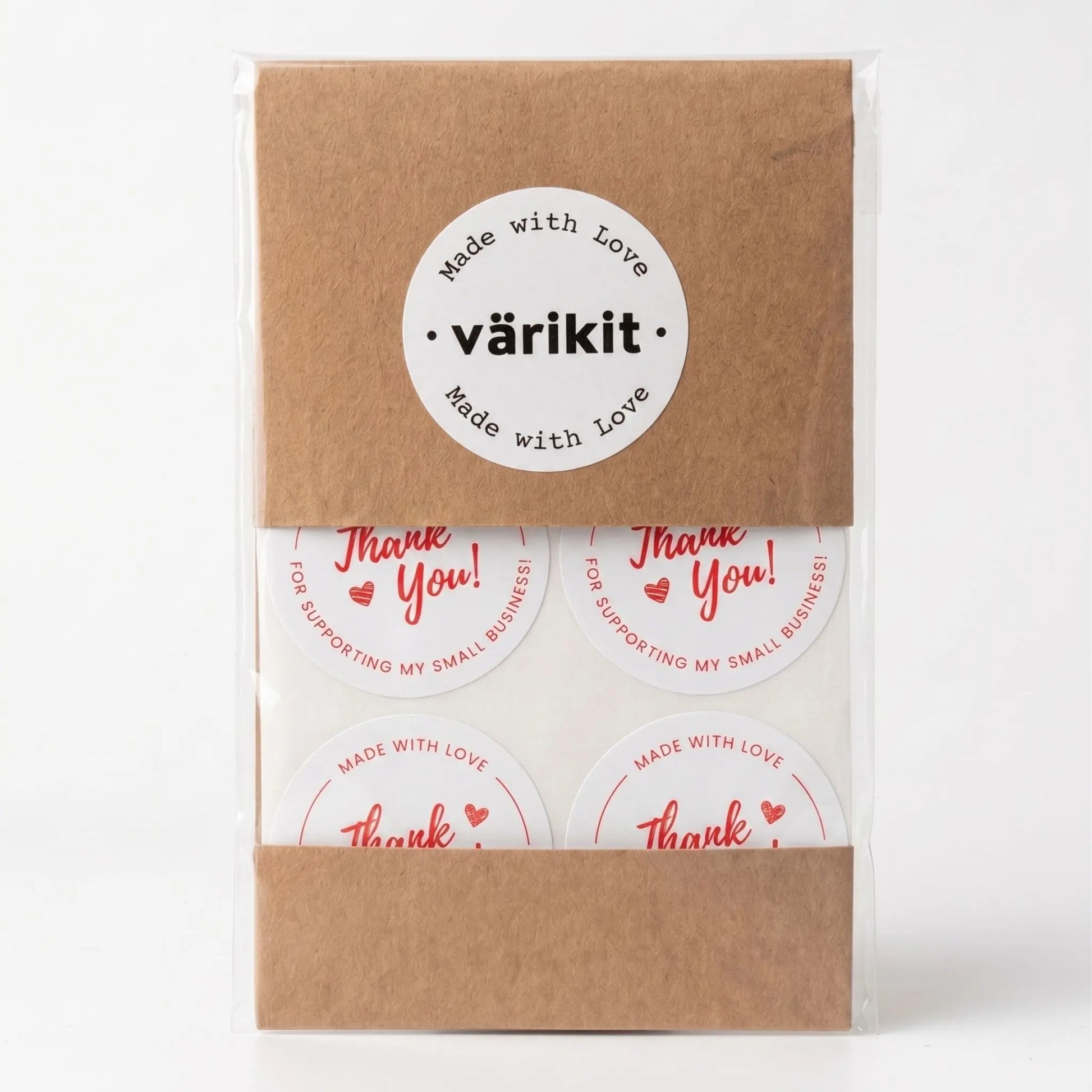 White and red cursive script thank you sticker